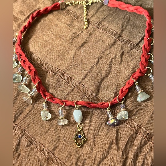 Red Faux Suede Braided Choker Fluorite w/Hamsa charm - Picture 3 of 5